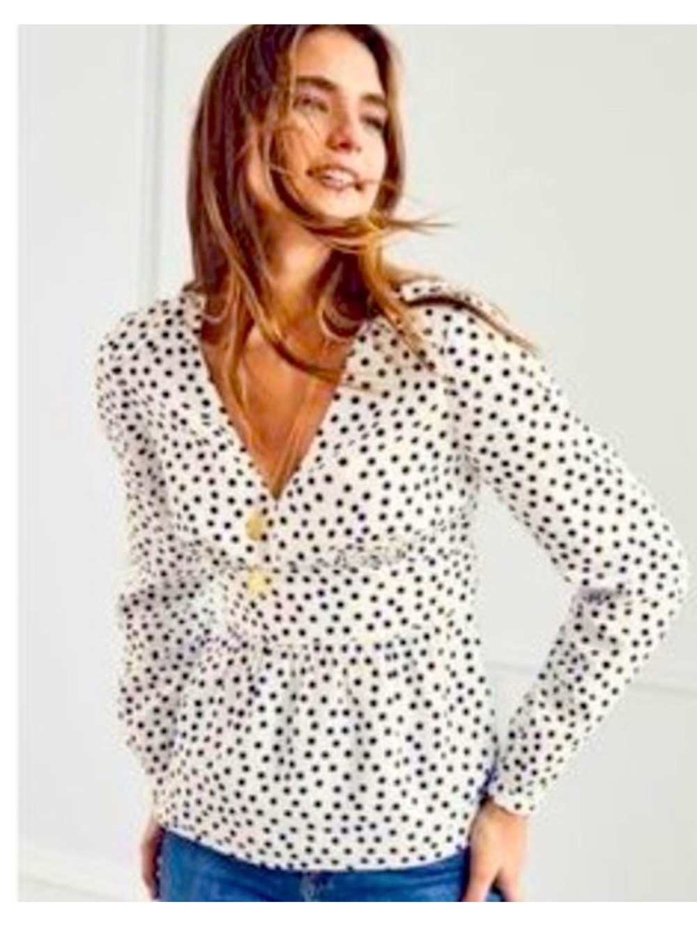 Boden Elsie Polka Dot Peplum Blouse Navy/White Women’s Size 8P